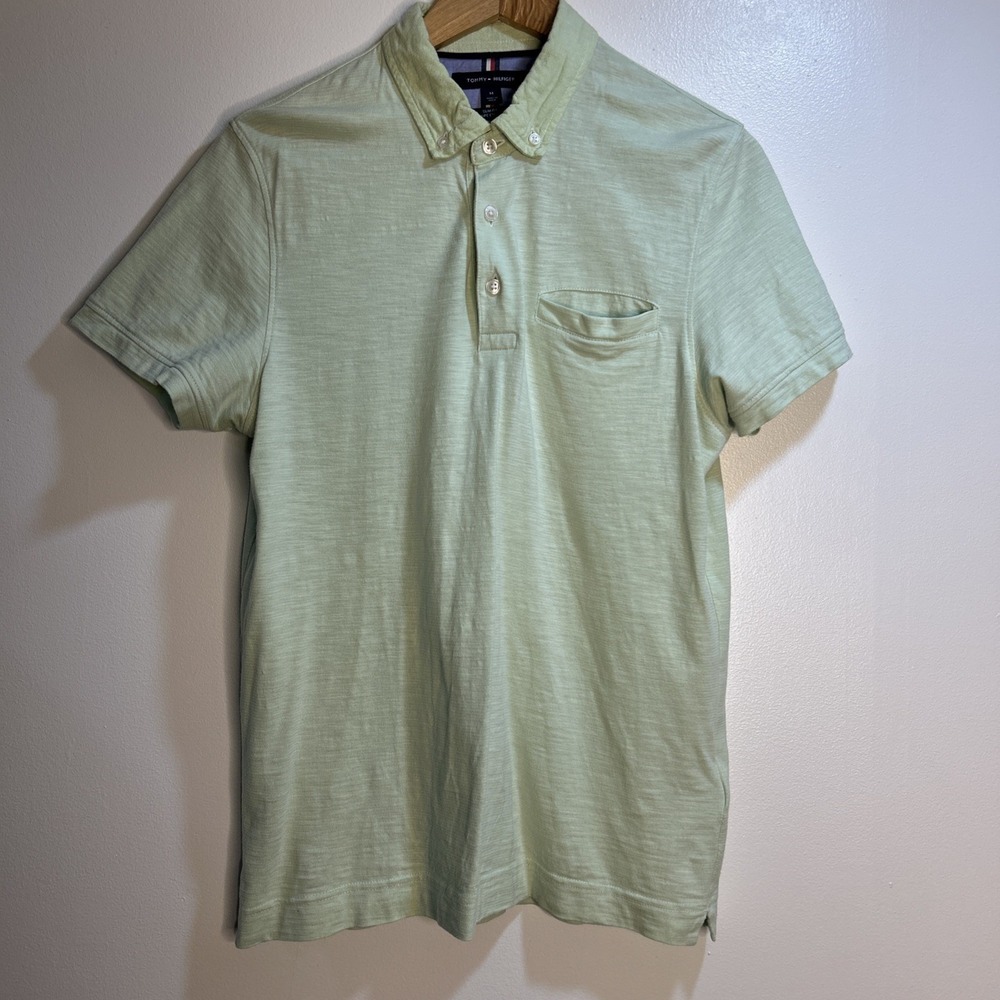 Tommy Hilfiger Polo Shirt Men Medium Light Green Cotton Slim Fit Short‎ Sleeve